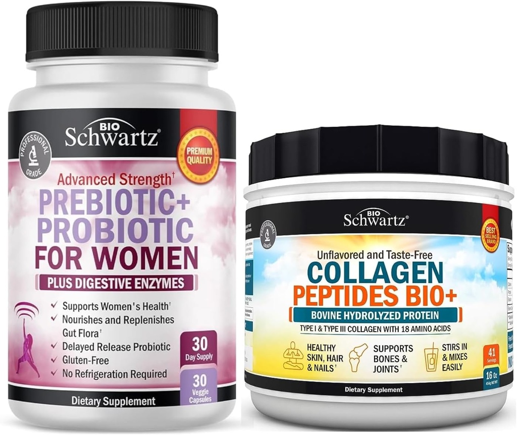 BioSchwartz Hydrolyzed Collagen Peptides Powder (40 + Servings) Plus Pregren dan Progres dengan Enzymes Digeptical untuk Perempuan (Persediaan Bulan 1)