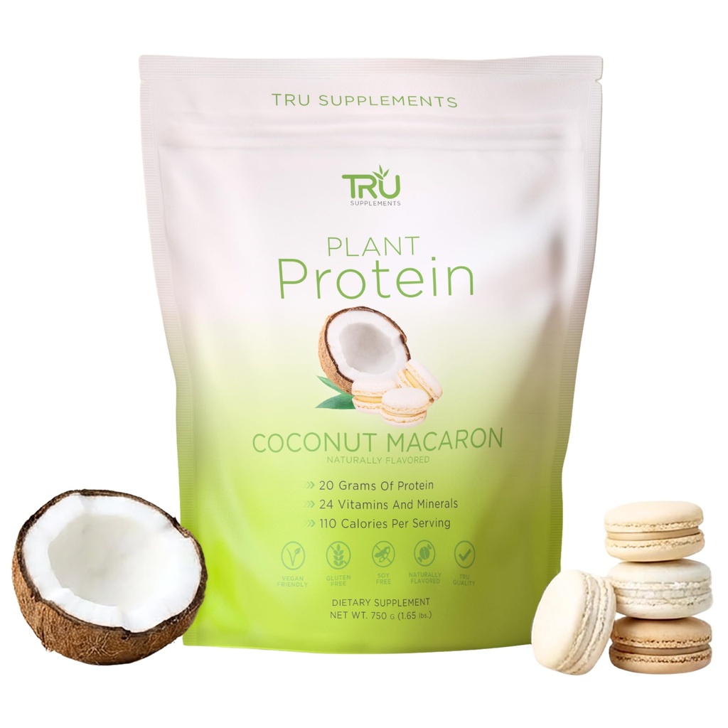 Tumbuhan Suplemen TRU Berdasarkan Powder Protein, BCAA, EAA, 20g Vegan Brown Rice & Pea Protein, 100 Kalori, 27 Vitamin, Tidak ada Flavors Articial 25 Pelayan (Coconut Macaron)