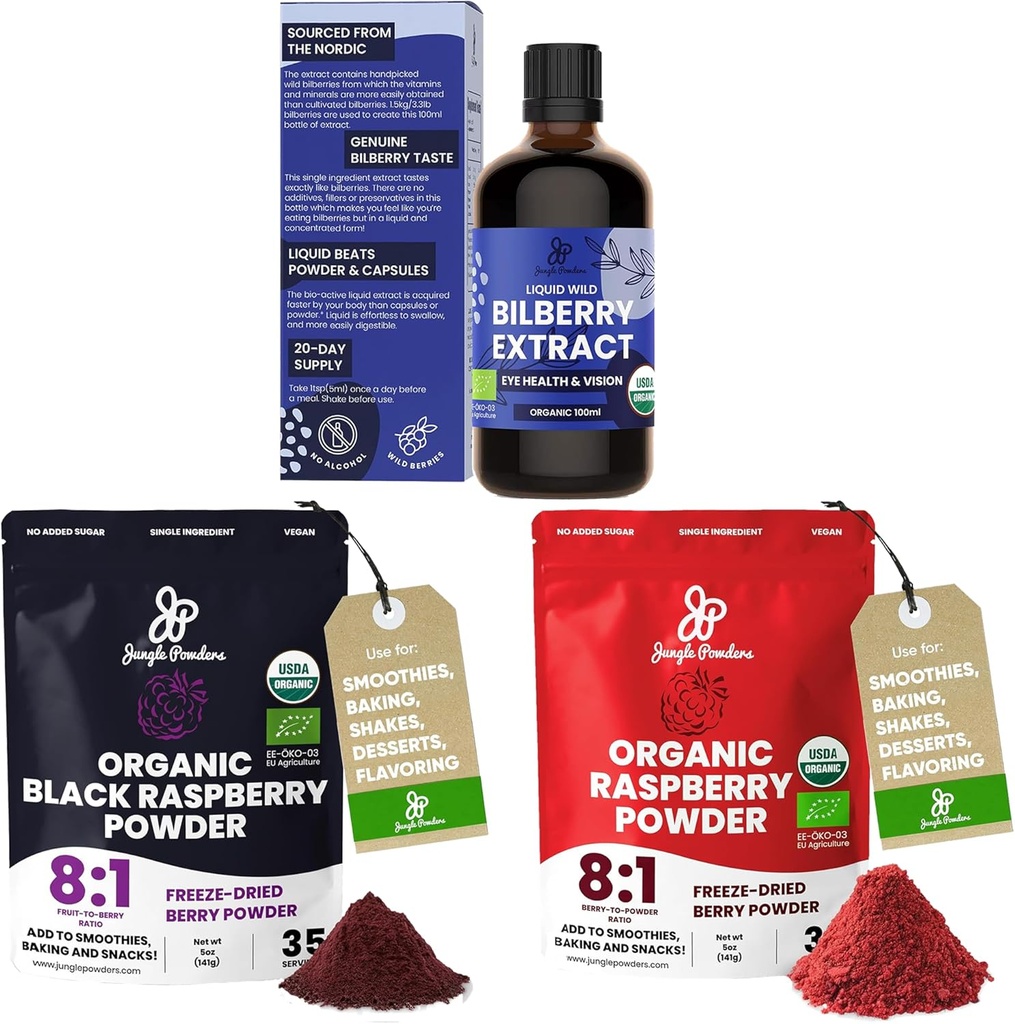 Powder liar Bilberry Ekstrak untuk Mata USDA Organik 3.4oz Bottle, Black Red Raspberry Powders Bundle 5 Ounce Bag, Freeze Dry Raspberry untuk Baking Smoothies Defulred Fruit