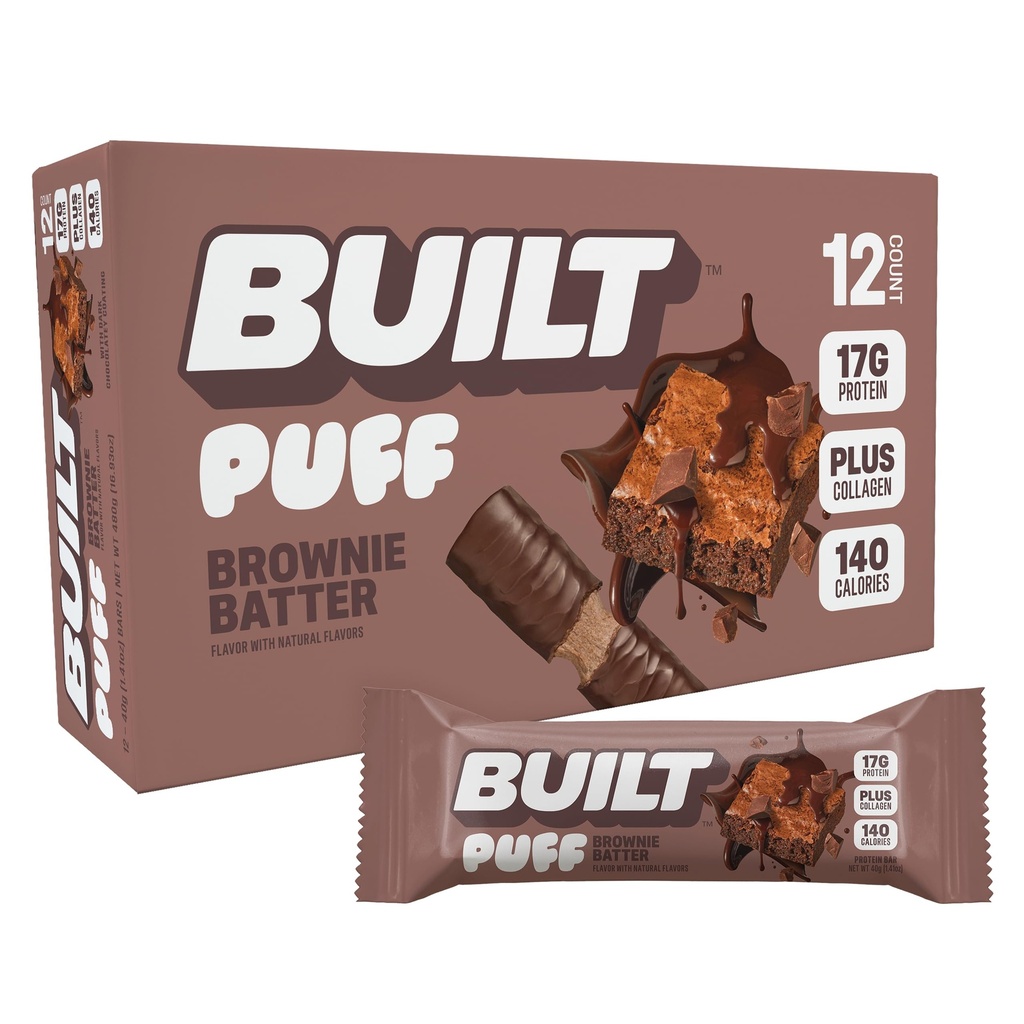 Bar Built, Puff Protein Bars, Brownie Batter Puff, 17g Protein Snacks, OnTheGo Bars, Only 140 Calories, 6g Sugar, Collagen, Gluten Free, 12 Count
