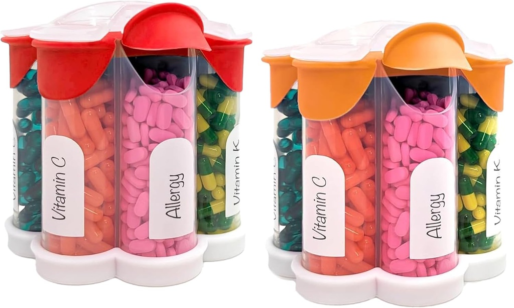 Extra Large Pill Organizer Daily, Weekly, Monthly Suplement Bottle, Cute Blossom Pill Dispenser dengan 7 XL Compartment (2 Pack Combo) (Orange and Red)