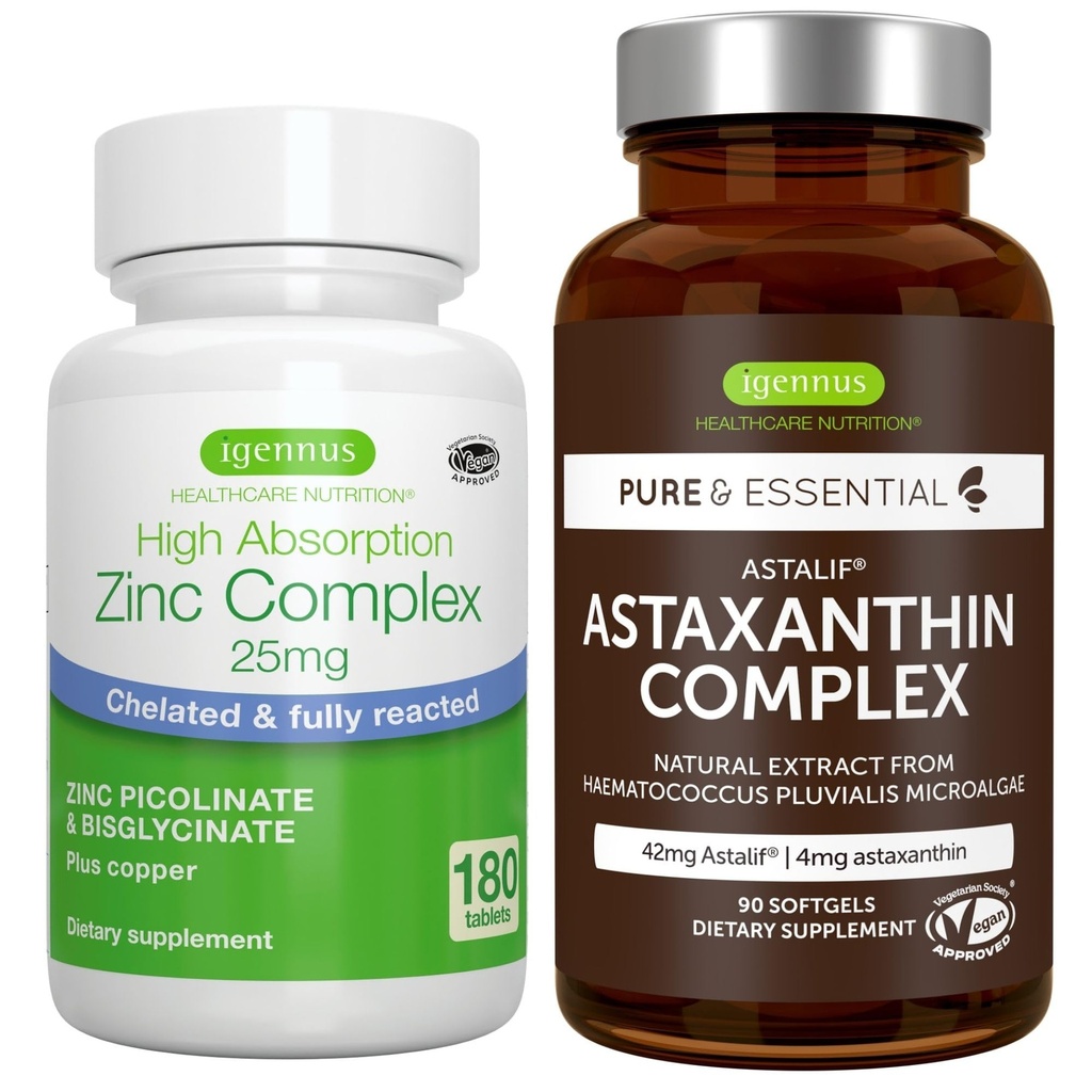 Kompleks Astaxanthin + Zinc Kompleks Vegan Bundle, Dukungan Antioksidan untuk Skin, Rambut & Nails, oleh Igennus