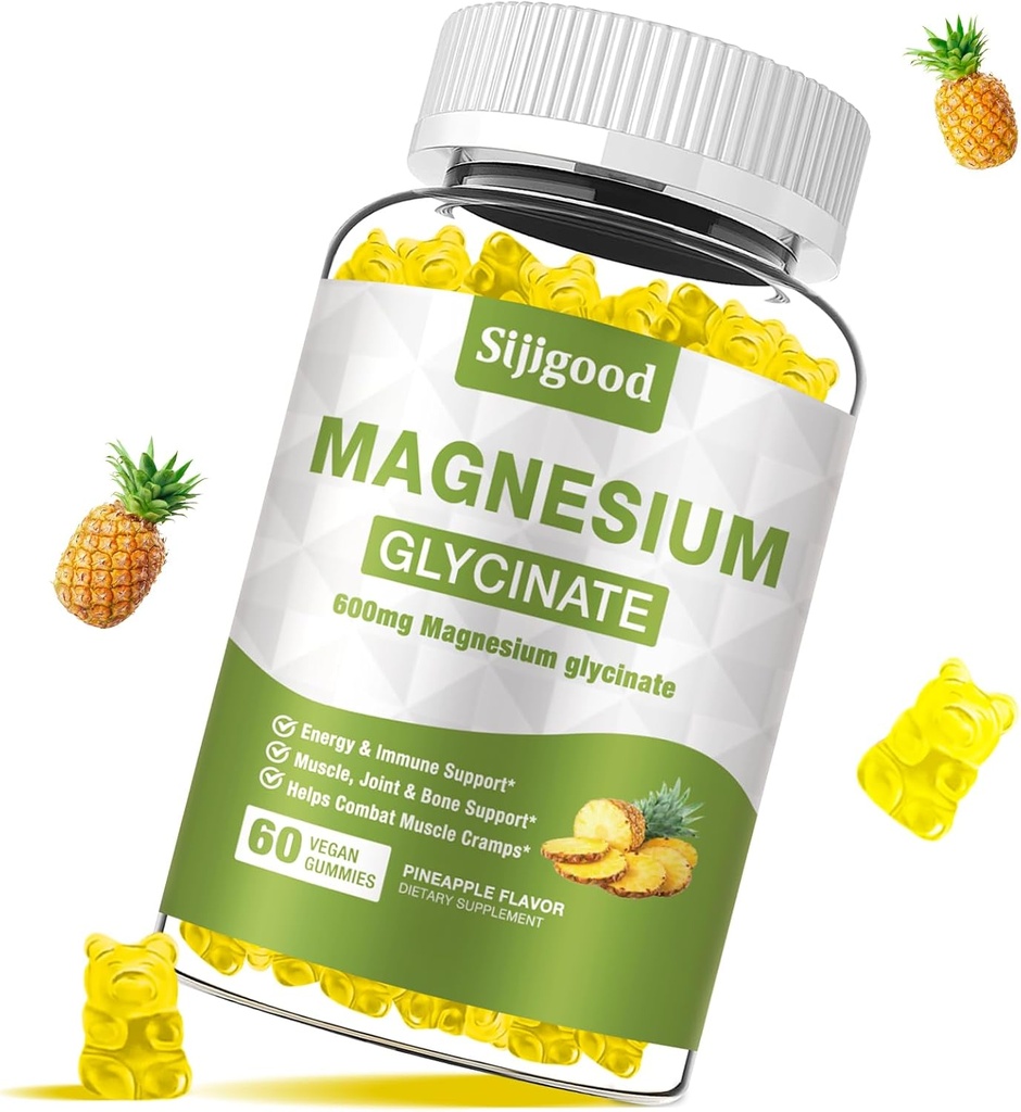Magnesium Glycinate Gummies 600mg, Relaxation & Zzz Dukungan, Magnesium Potasium Tambahan untuk Anak-anak Sugar- Bebas, Vitamin C, B6 dan CoQ10 Pineapple Flavor, 60 Count