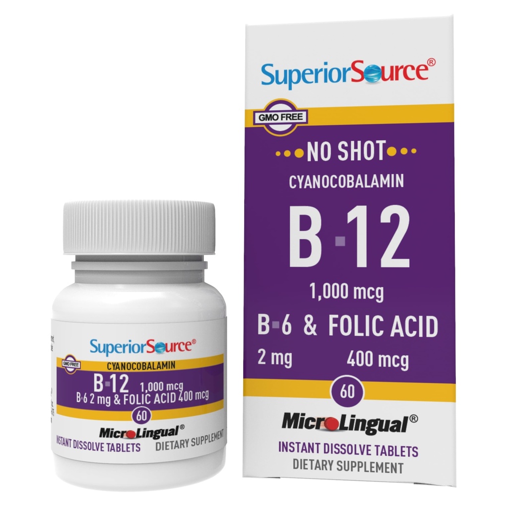 Sumber Superior No Source Shot Vitamin B-12 Cyanocobalamin 1000 mcg, B-6, Folic Acid 400 mcg - Dukung Brain & Heart Health - Ads Natural Energy Levels - 60 Sublinual Dissoling Tablet
