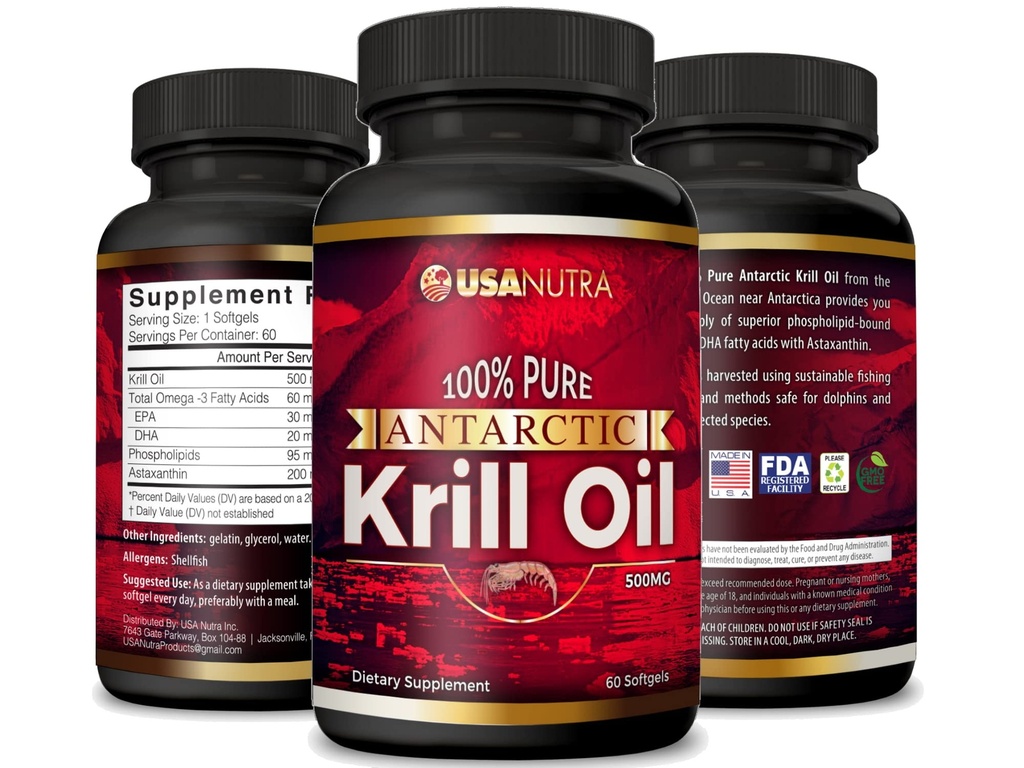Antartika Krill Oil Softgeels 100% Murni dengan Omega- 3 EPA DHA Astaxanthin 10000mg per hari (2 Softgels). Dibuat di Amerika Serikat
