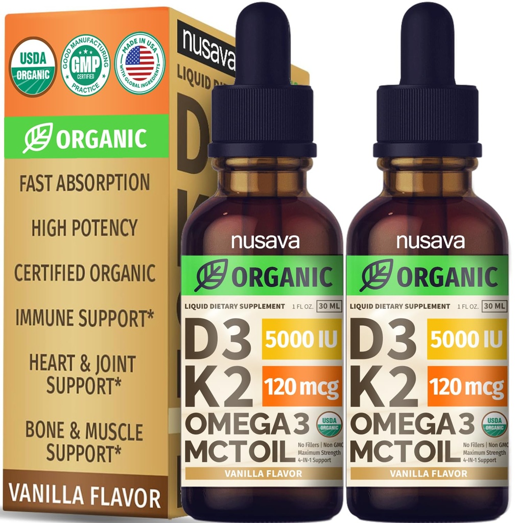 (2 Pack) Organik Vitamin D3 K2 Drops with MCT Oil Omega 3, 5000 IU - Maximum Power Vitamin D Liquid, No Filler, Non-GMO Liquid D3 for Faster Absorpsi dan Dukungan Imune (Vanilla, 1 Fl OZ x 2)