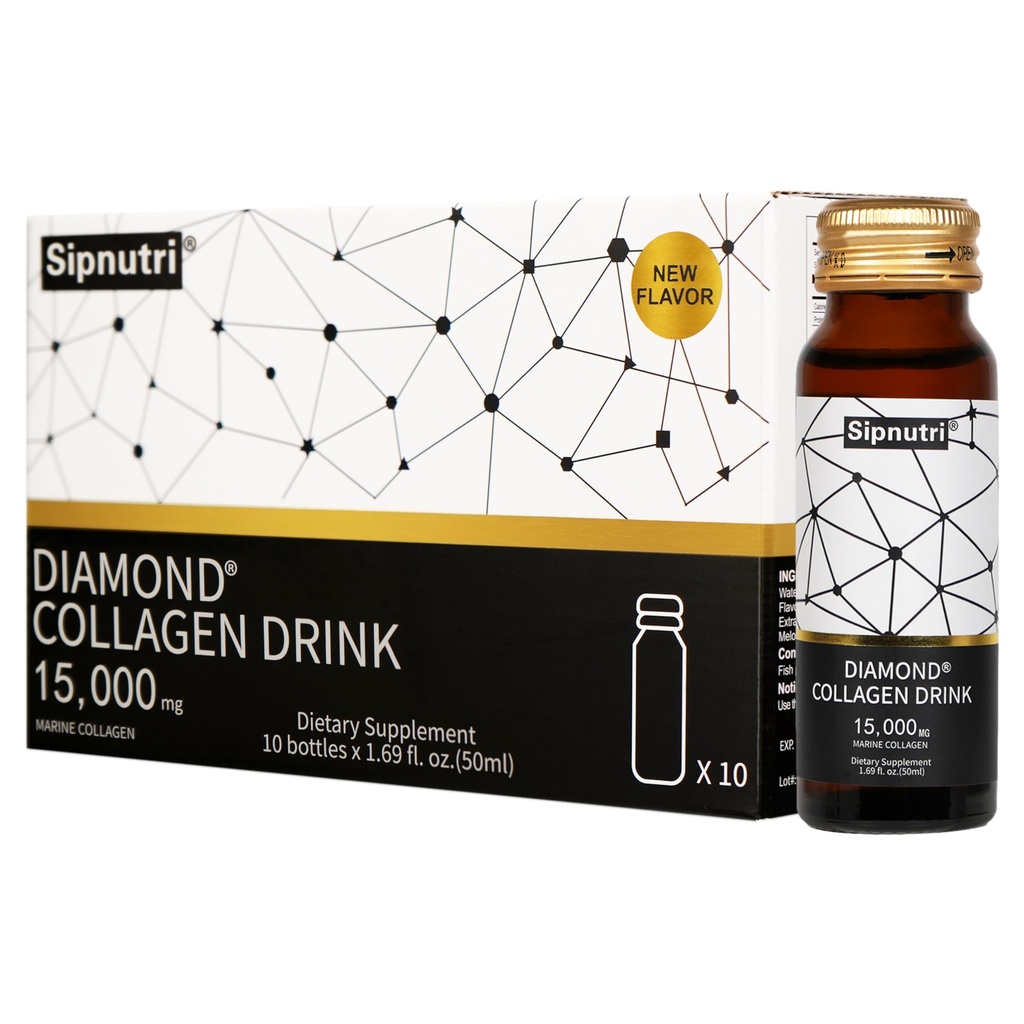 Diamond Liquid Collagen Drink, 15000 mg Hydrolyzed Marine Collagen Peptides dengan Vitamin C, Pecapate, Healthy Hair Nakes Joints Bones Dukungan, 50 ml x 10 Bottles