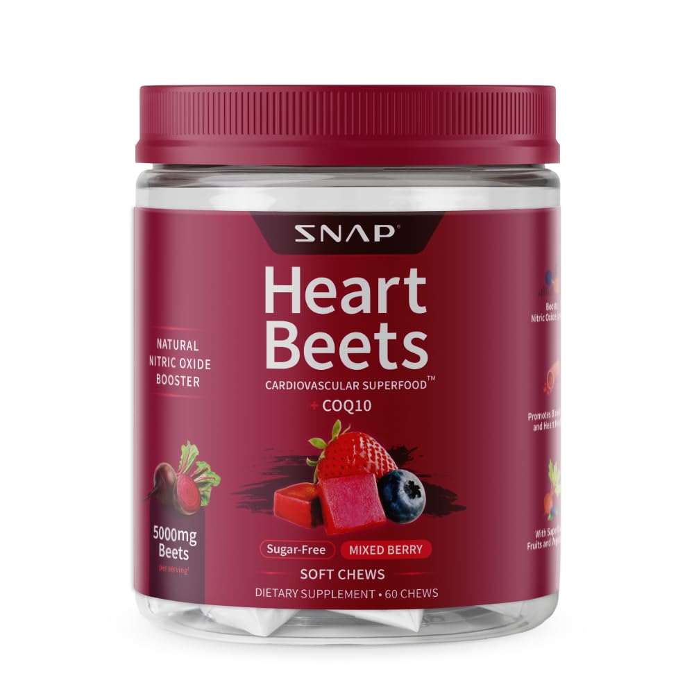 Suplemen Cap Heart Bets Organic Beet Soft Chews, Tambahan Dukungan Kardiovaskular untuk Pria & Women, CoQ10 & Red Spinach, Kesehatan Jantung & Sirkulasi Dukungan, Gula Bebas, Dicampur Berry, 60 Chews