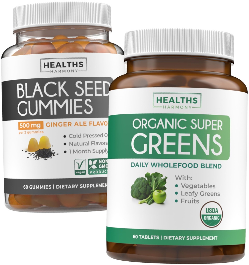 Gumi Minyak Benih Hitam & Super Hijau (1 - Bulan) - sehari Green Boost - Gummies Minyak Benih Hitam Ginger Ale Flavor Cold- Menekan Nigella Sativa & Organik Super Greens Makanan Super Lengkap