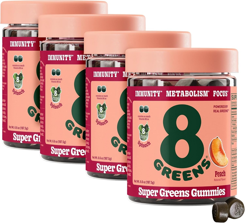 Super Greens Powder Gummy Superfood untuk Metabolism, Imunity & Focus, Digetical Health Enzymes, Organic: Chlorella, Spirulina, Aloe Vera, Peach Flavor, 200 Count