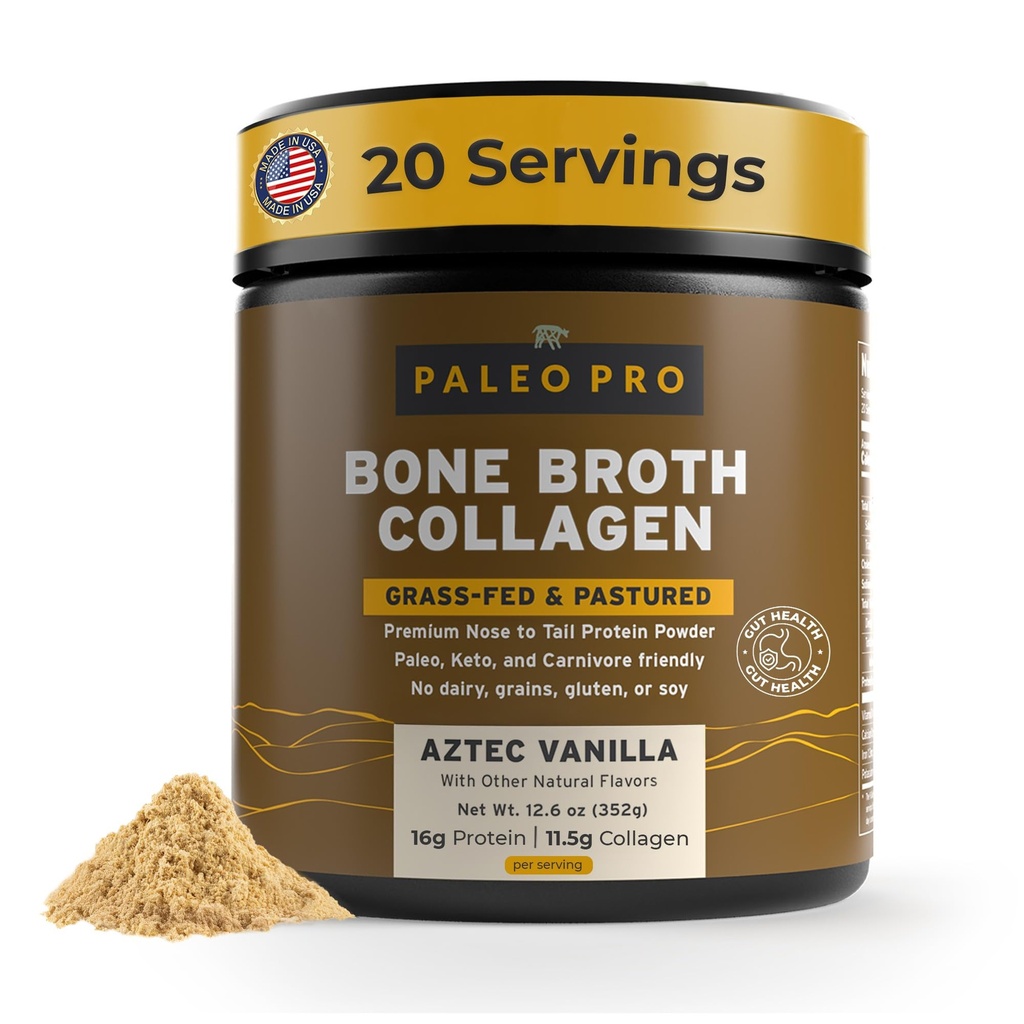 PaleoPro Bone Brone Collagen Protein Powder - Turmeric Root Grass- Fed Collagen Powder for Skin & Bones - Gluten Free, No Sugar, Soy, Grains, Net Carbs - Paleo Keto Fridlings Aztec Vanilla