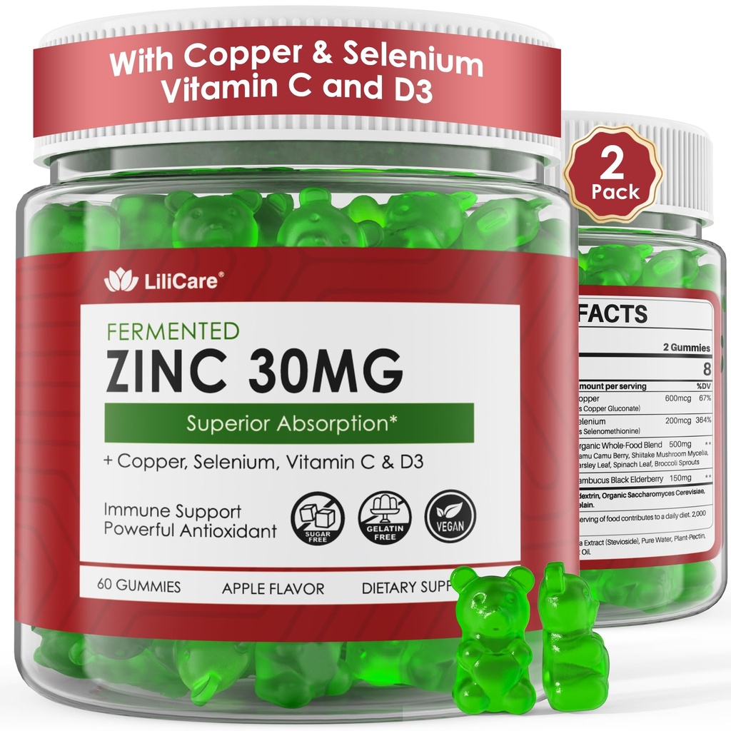 Zinc Gummies + Copper, Selenium, Vitamin C & D3, Suplemen Berfermentasi Zinc untuk Perempuan dan Pria dengan Elderberry untuk Imune Dukungan Harian, Antioksidant Kuat, Absorsi Tinggi, Vegan, Gula Bebas, 2 Pack