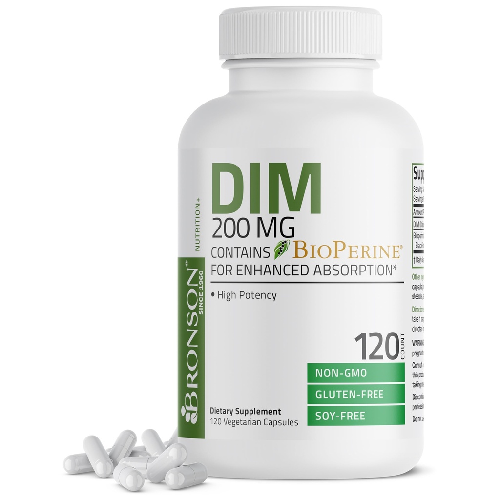 Tambahan DIM Bronson 200 MG Diindolymetana dengan BioPerine untuk Absorpsi Enhanced, Estrogen Metabolisme & Menjaga Levels Hormone Balanced, 120 Kapsul Vegetarian