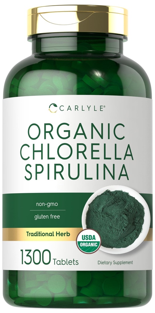 Carlyle Organic Chlorella Spirulina Tablet: 124; 1300 Count 124; 50 / 50 Blend 124; Non-GMO dan Gluten Free Supplemen