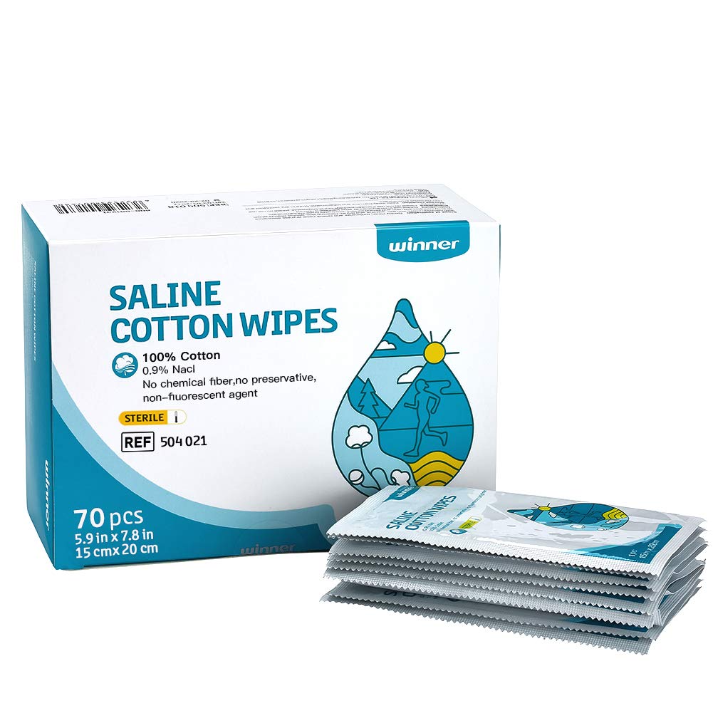 Winner Sterile Saline Wipes, 6 "x 8" Large Personal Care Wipes, Gentle Saline Pads for Piercings, Multi- Pose for Sensitive Eyes and Face, Individually Wrapped, 70 Count