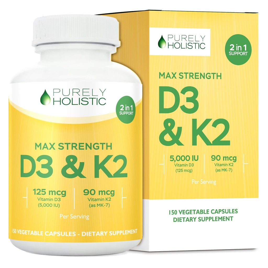 Murni Holistik Vitamin D3 125mcg dan Vitamin K2 90mcg MK7-4 Pasokan Bulan 150 Vegetarian Capsules - Vitamin D3 & K2 Menaqunione - Kekuatan Tinggi Cholecalferol Dibuat di Amerika Serikat