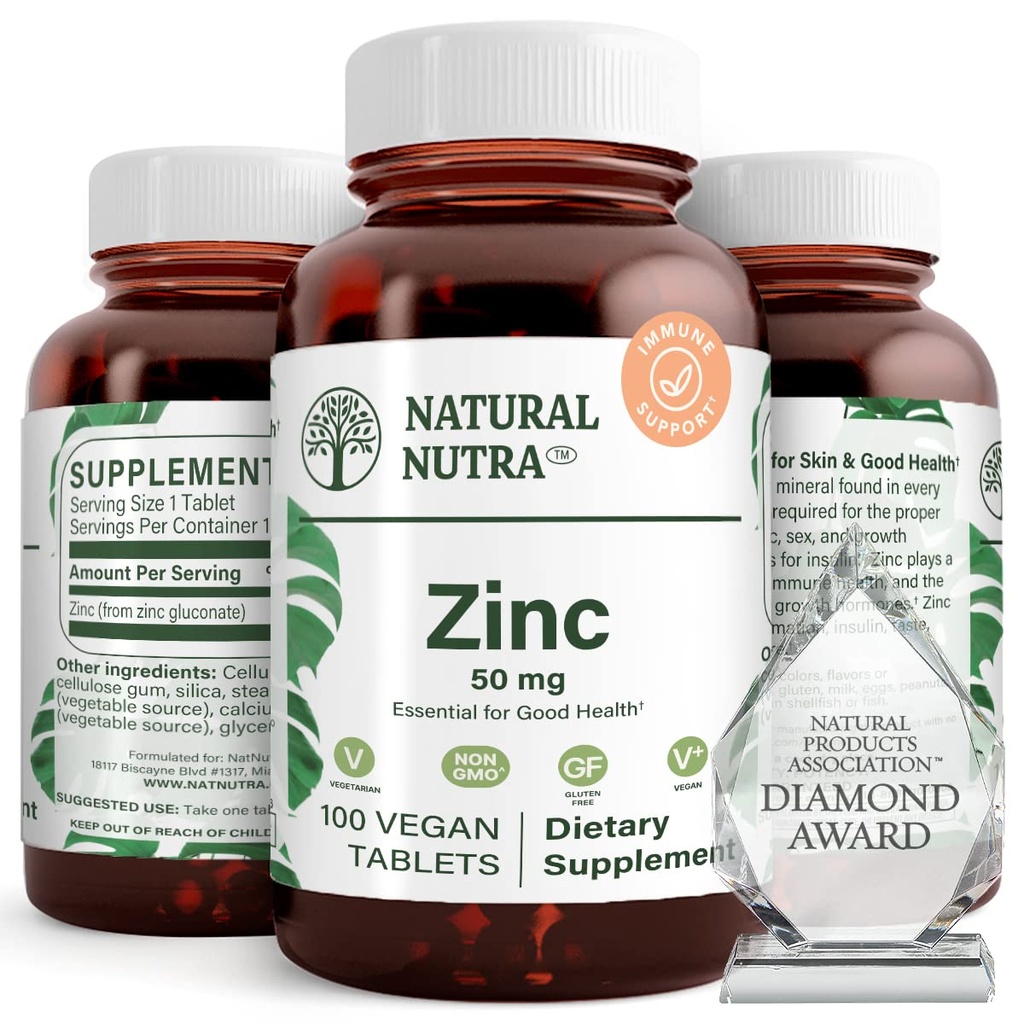 Natural Nutra Zinc Gluconate 50mg Supplement for Imune Support, Promotes Skin Health, provides Ease From Flu & Cold, Boost Learning & Memory, Enhance Tase & Smele, Gluten Free 50mg 100 Vegan Tablet