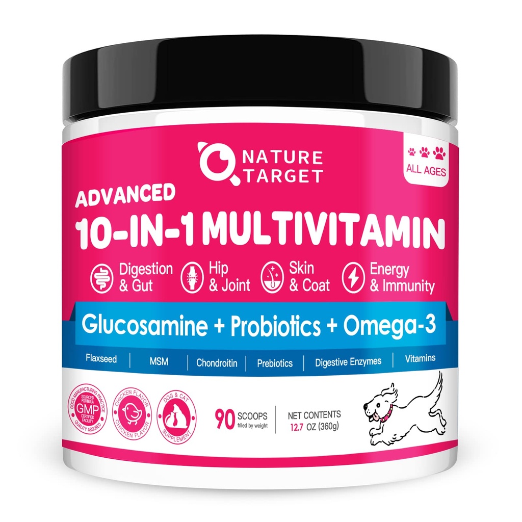 NAFURE TARGET Dog Vitamin Powder, Progetic & Digetical Enzymes for Gut Health, Glucosamin & Chondroitin & Omega 3, Suplemen Lengkap untuk Makanan Anjing, Gabungan & Skin & Imune Dukungan