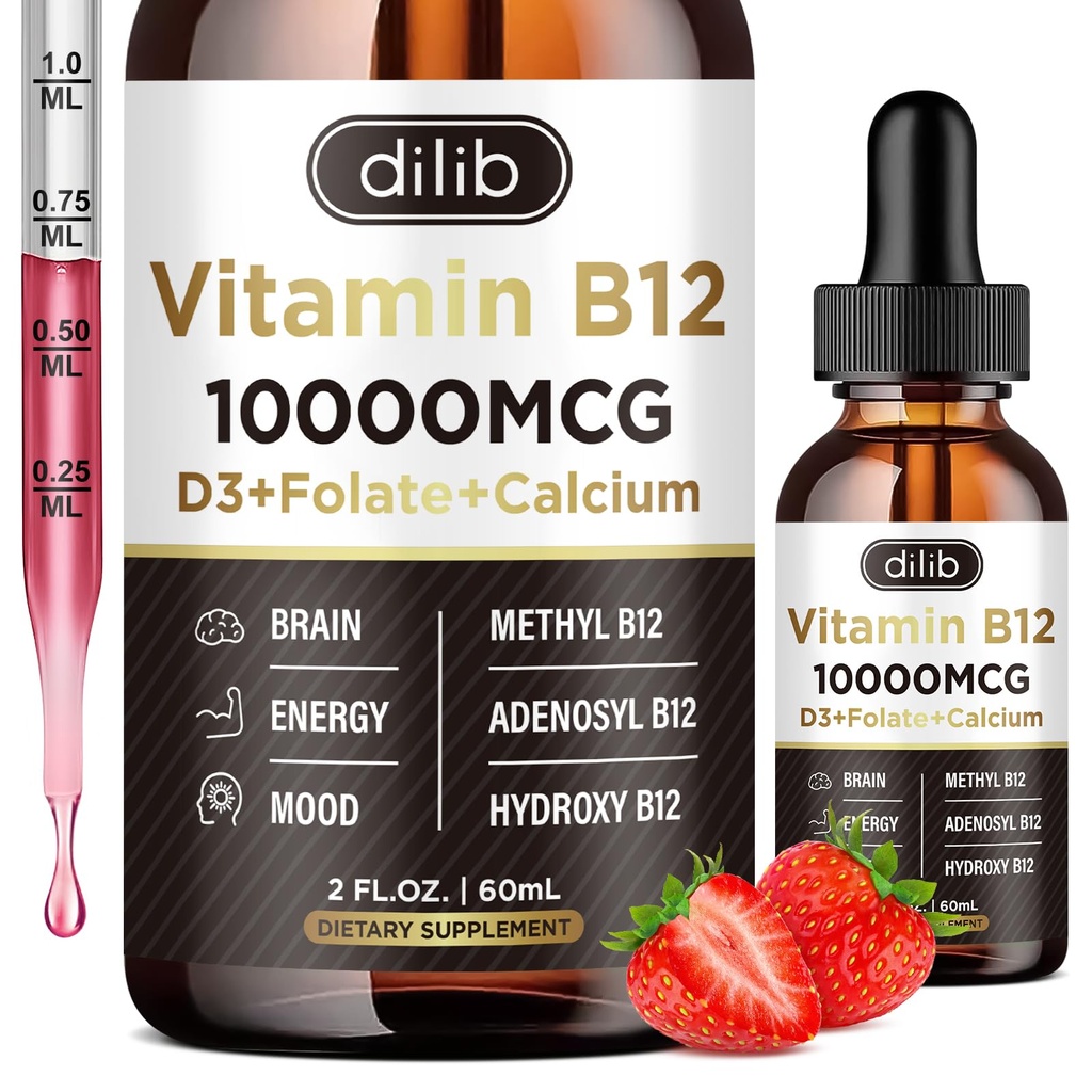Vitamin B12 Liquid Drops Sublingual 10000 mcg, Triple B12 Complelement, Methyyl & Methylcobalamin Blend for Women & Men, Mood & Energy Booster, Methylated B 12 for Metabolisme & Health Support