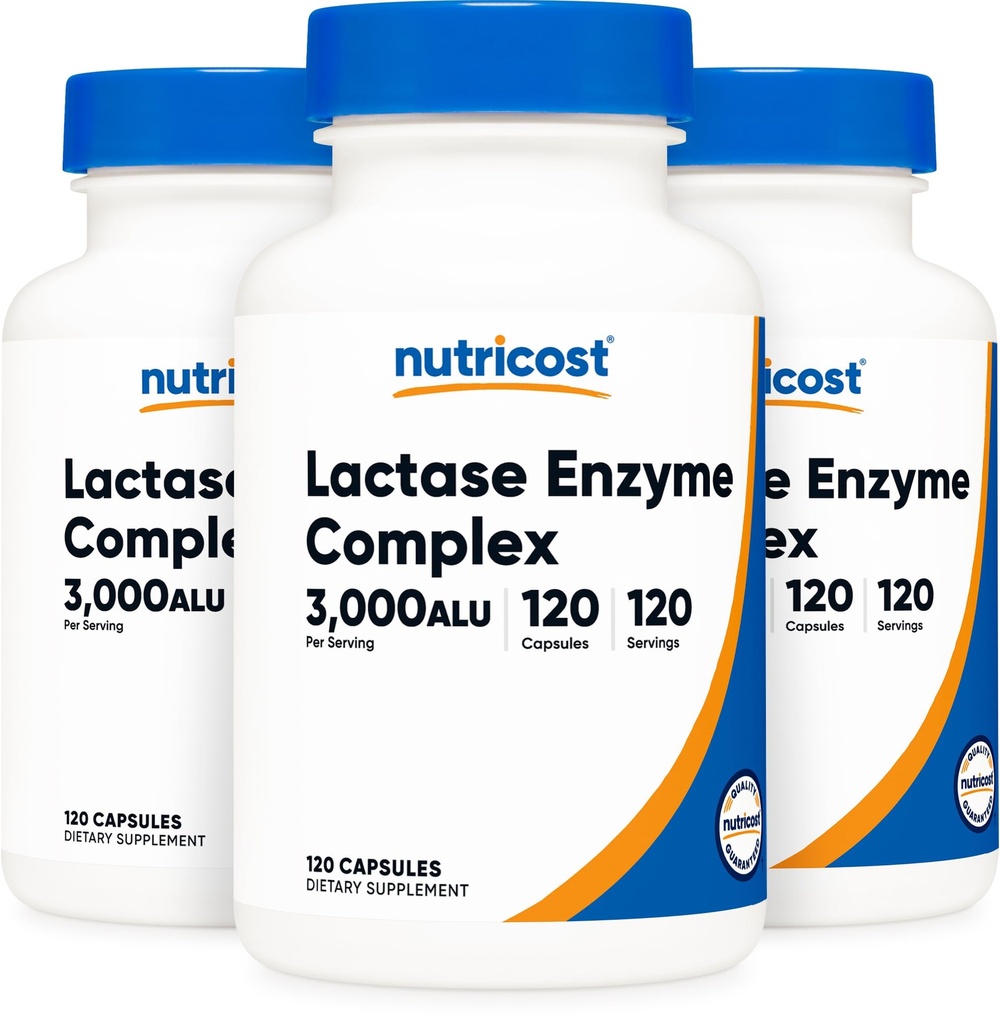 Nutricost Lactase Enzyme Complex 3.000 FCC ALU, 120 Veggie Capsules - Non-GMO, Gluten Free, 120 Servings (3 Botol)