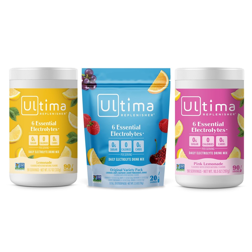 Ultima Replenisher Electrolite Powder Mix Bundle - Sugar Free - Limun, Pink Lemonade, Variety- 90 Servings, 20 Stickpacks - 6 Electrolite dan Minever- Keto Friendly, Vegan, Non-GMO