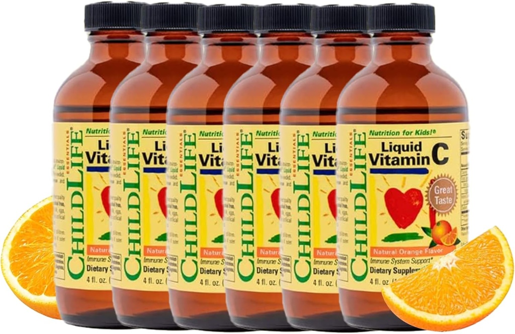 CHILDLIFE ESSENTIALS Liquid Vitamin C - Pure Vitamin C Liquid Suplement for Kids, Imune System Support, Great Taste - Natural Orange Flavor, 4 Fl Oz (Paket 6)
