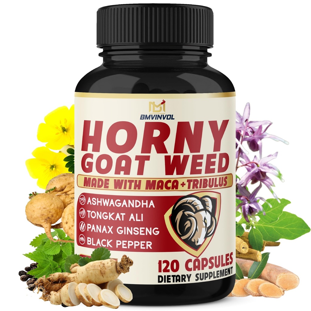 BMVINVOL Horny Goat Weed for Men and Women with Maca, Tribulus, Ginseng, Ashwagandha, Tongkat Ali - 120 Capsules untuk 4 Bulan Supply