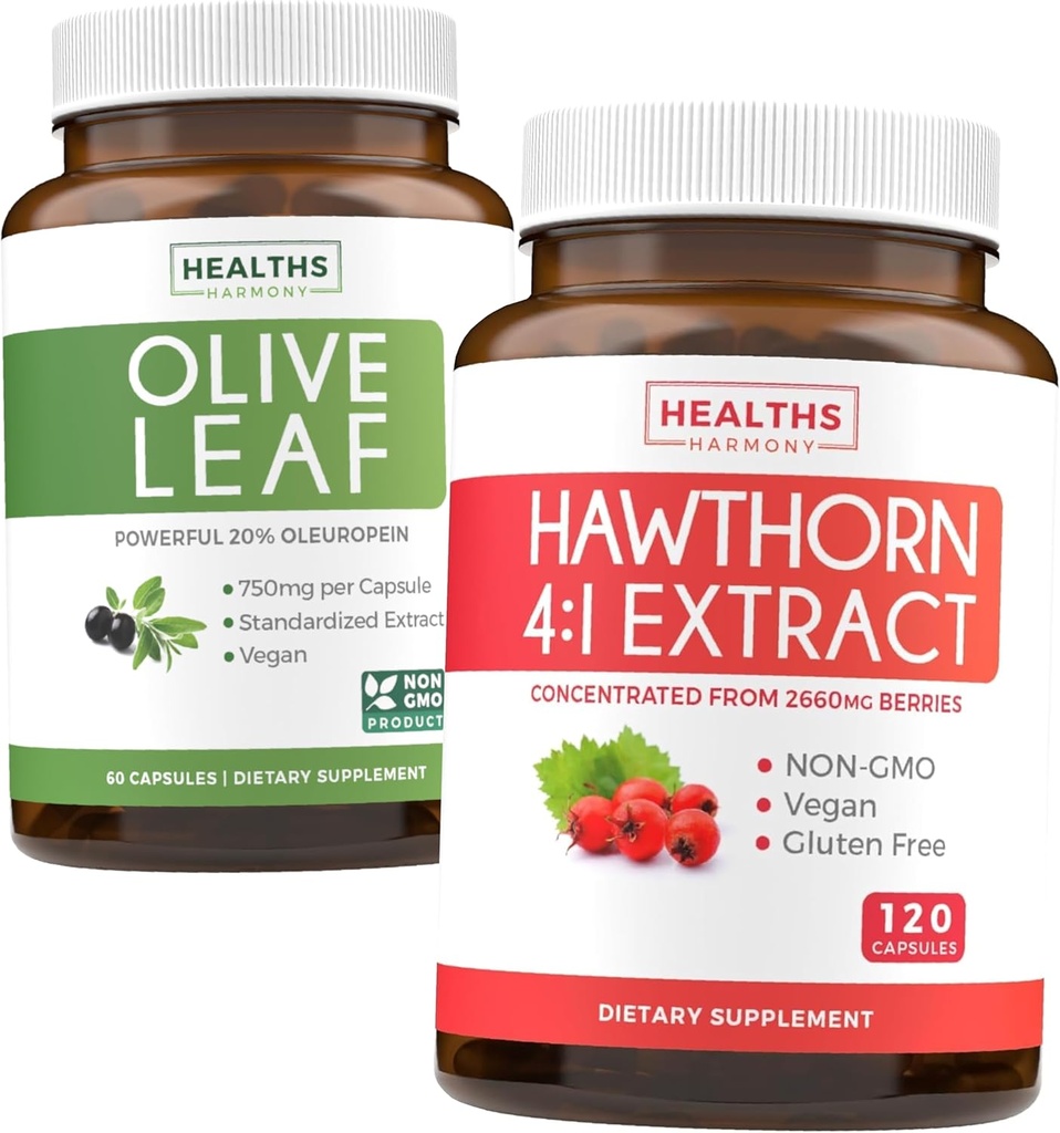 Bundle of Olive Leaf Extract & Hawthorn Berry Extarct - Healthy Herbs Bundle - Olive Leaf Extract with 20% Oleuropein & Hawthorn Berry 4: 1 Extract - Dikonsentrasi dari 2660mg Fresh berry (120 Caps)