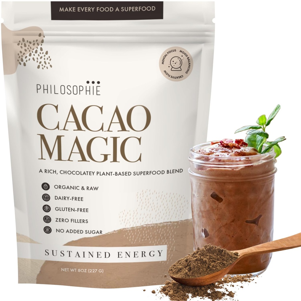 Philosophie Organic Cacao Magic Superfood Blend - Plant- berbasis bubuk Protein dengan Raw Cacao, Reishi Mushroom & Maca Root - Suplemen Chocolate Unsweened Vegan, 32 Servis
