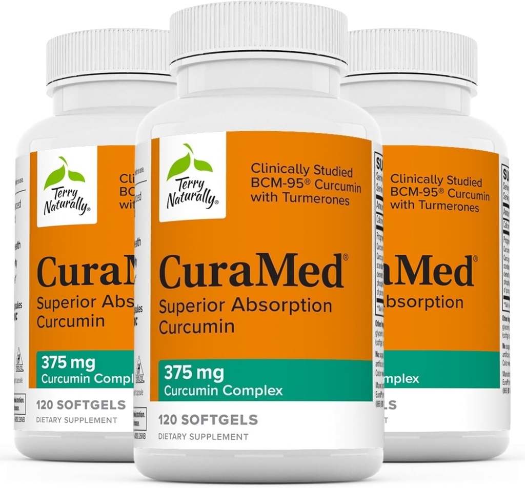 Terry Tentu CuraMed 375mg - Antioksidant Tambahan Kesehatan Otak & Imune - Tambahan Dieter dengan Curcumin & Turmeric Estial - Dukungan Herbal Liver - 120 Softgels (Paket 3)