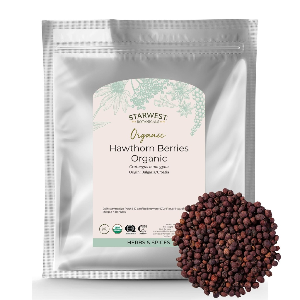 Starwest Botanicals Organic Hawthorn Berries Whole-Dryed Leaf Herb for Tea, Jam, & Herbal Extracts, Natural Dispable Support, Certified Kosher, Non-GMO