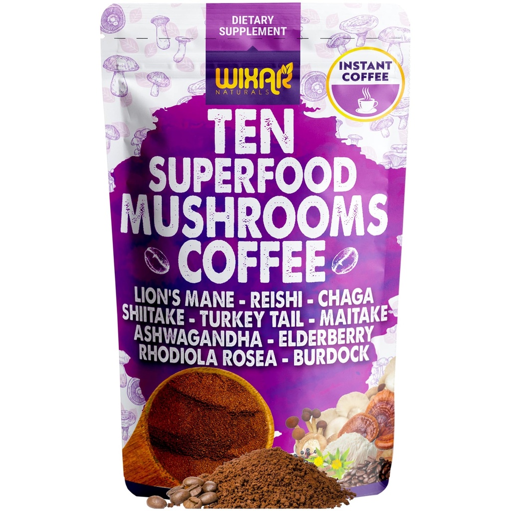 WIXAR Super Food Mushroom Coffee - Instant Coffee Powder, Ten Superfood Extracts with Lion 's Mane, Turkey Tail, Reishi, Chaga, Shiitake, Ashwagandha, Rhodiola Rosea, Elderberry, 5oz Mushroom Suplemen