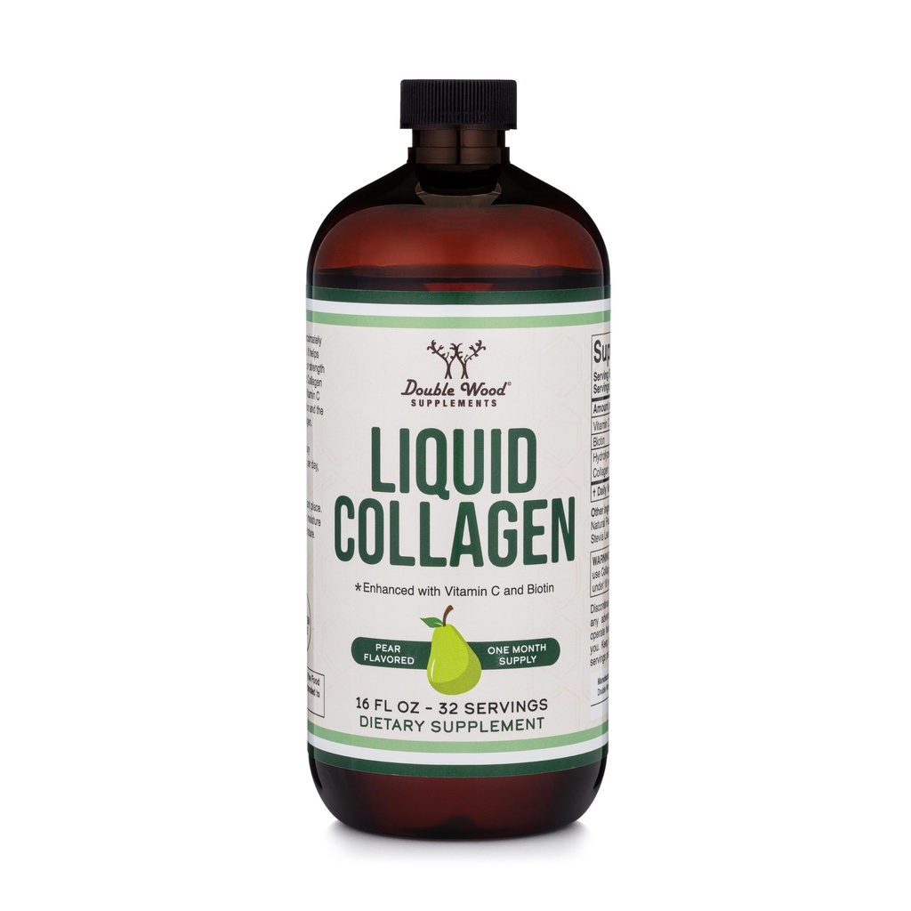 Double Wood Suplemen Liquid Collagen - 2500mg dari Hydrolyzed Bovine Collagen (Tipe 1, 3 dan Grassfed) - 32 pelayan - untuk Perempuan dan Pria - 30 mcg Biotin - Sugar Free Pear Flavor
