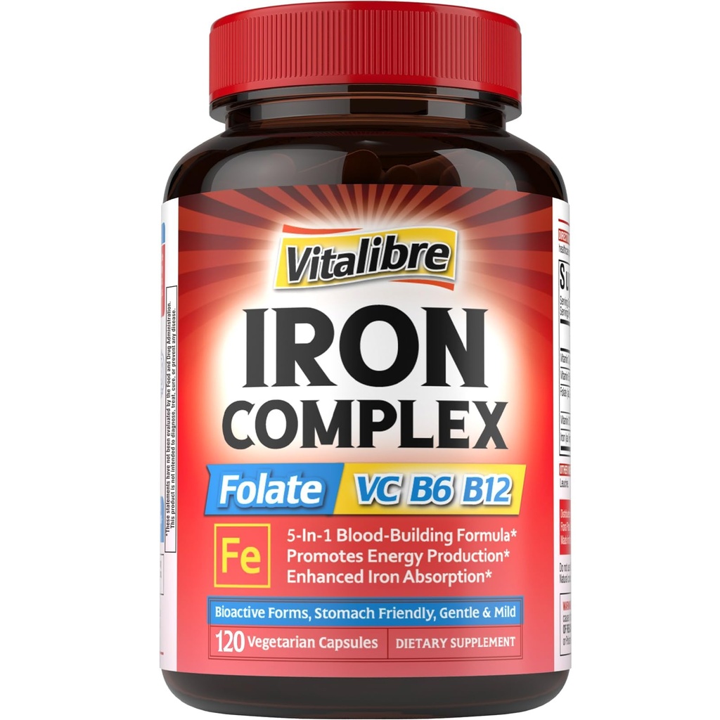 Tambahan Besi untuk Perempuan & Pria, dengan Vitamin C, B6, B12 & Founded for Iron Deficient, Blood Building & Energy, Stomach Friendly, Better Absorpsi, Non-GMO, No Gluten, 120 Vegan Caps