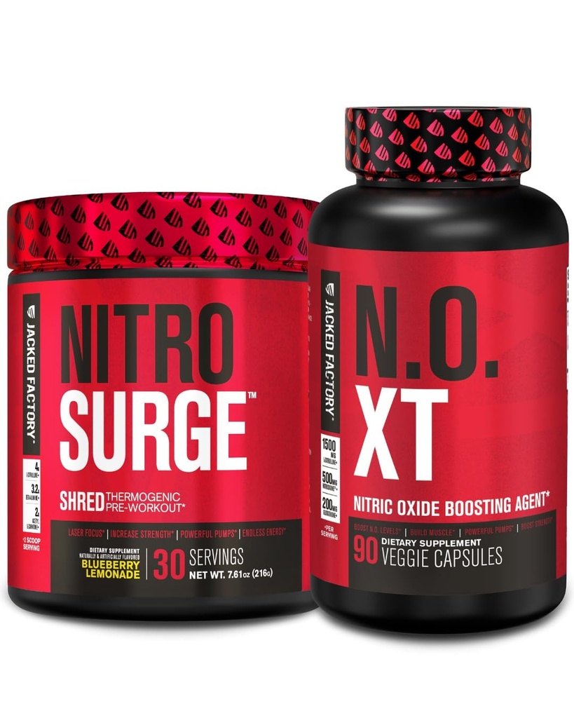 Jacked Factory Nitrospush Shred Thermogenic Pre-Workout di Blueberry Lemonade & N.O. XT Nitric Oxide Booster untuk Pria & Perempuan