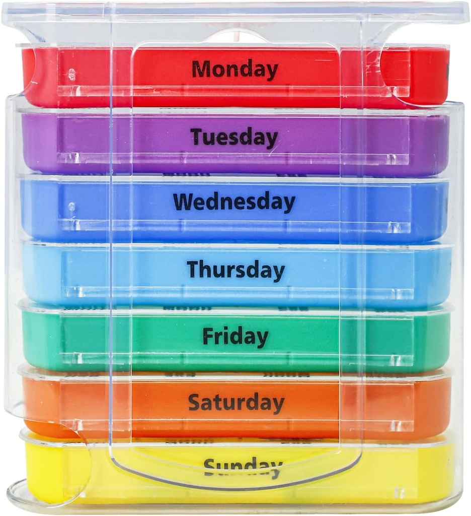 Weekly Pill Organizer selama 1 Day 4 Times Suply, KIGI 7 Days Stackable Pill Dispenser Container Vitamin (Rainbow)
