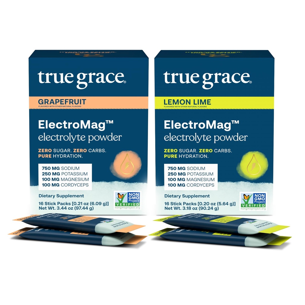 True Grace ElectroMag - Grapefruit (16 Stick Packs) + Lemon Lime (16 Stick Packs) - Electrolite Powder untuk Hidration Rapid - Zero Sugar & Carbs - Non-GMO - 32 Total Servings