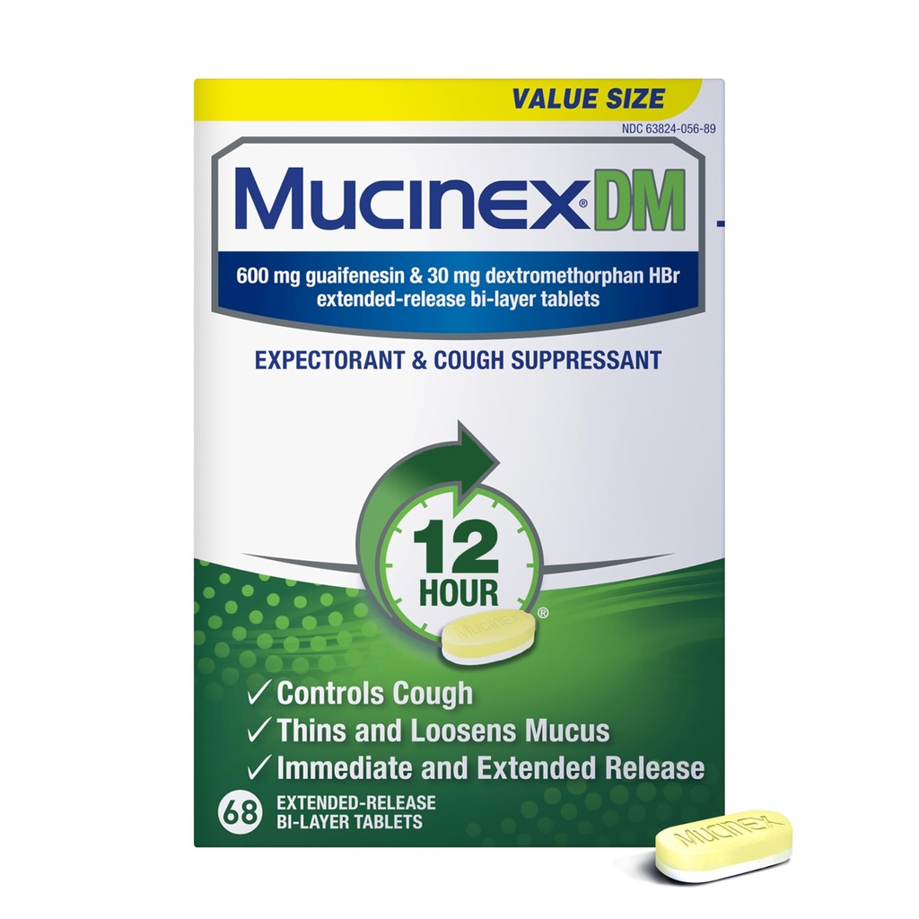 Mucinex DM 12Hr Chest Consultion & Cough Medicine, Cold And Cough Medicine for Excece Mucus Relief, 600 mg Guaifenesin & 30 mg Dextromethorphan HBr, 68 Bi- Lapis
