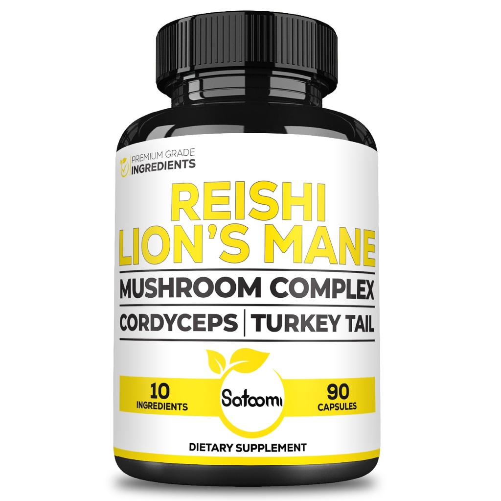 Satoomi Reishi Suplemen Kompleks 5000Mg - 10in1 Digabungkan dengan Lions Mane, Cordyceps Sinensis, Chaga Mashroom & Lainnya - 90 Capsules selama 3 bulan