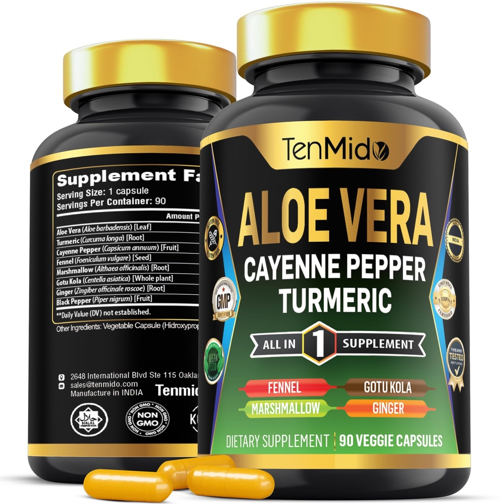 Aloe Vera Capsules Supplement - 8in1 Formula - Combine dengan Turmeric, Cayenne Pepper, Marshmallow, Fennel, Gotu Kola, Ginger, dan Black Pepper - 90 Capsules untuk 3 Bulan Suppply