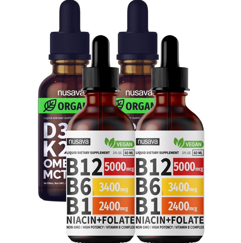 NUSAVA Vitamin B12 Liquid Drops dan Unflashed D3 K2 Bundle - Vitamin Lousquid for Heart, Gabungan, Energi, & Imune Dukungan - Non-GMO, Gluten-Free, 2pk Masing-masing