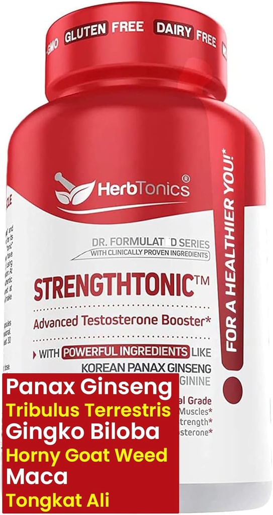 Herbtonics Testosteron Supplement for Men - Korean Panax Ginseng & Tribulus Terrestris - Supports Healthy Energy, Power & Stamina - 60 Vegan Capsules