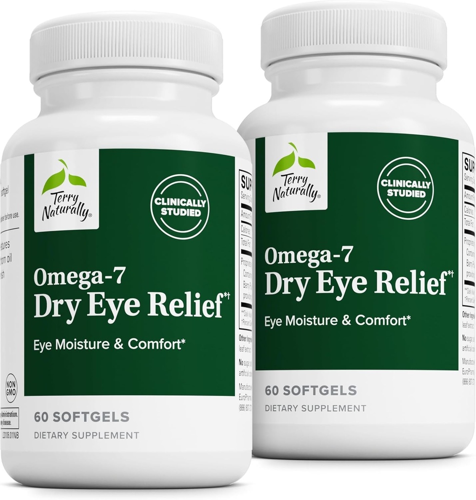 Terry Secara alami Omega-7 Dry Eye Relief - Suplemen Kesehatan Mata dengan Buckthorn Seed Oil - Tambahan Dieter untuk Bantuan Bantuan Bantuan Mata Kering - 60 Softgels, 2 Pack
