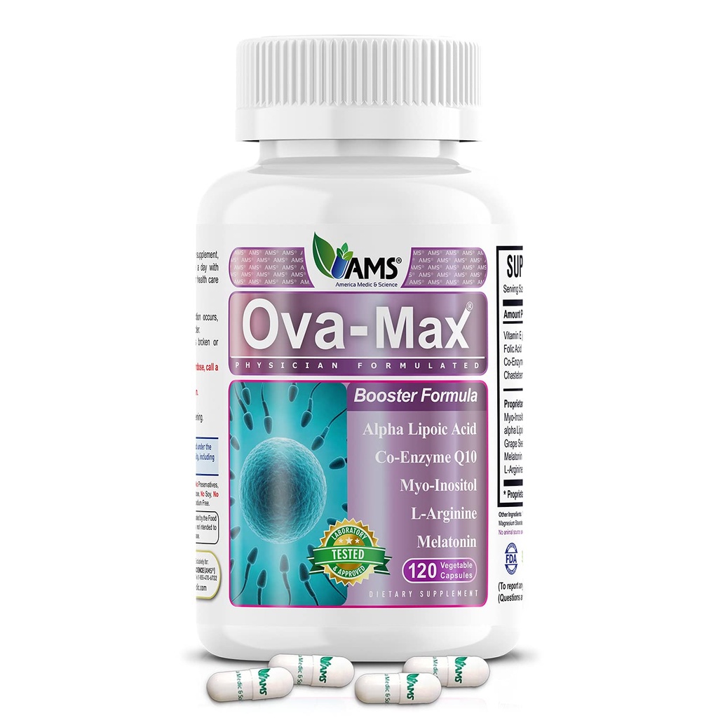American Medic & Science OVA-Max Prenatal Vitamin for Women (120 Capsules) Boosts Fertility dan Ovulasi Alasan 124; Pregnancy Aid dan Perempuan Preception Suplemen dengan CoQ10, Folic Acid, dan Myo- Inosiol