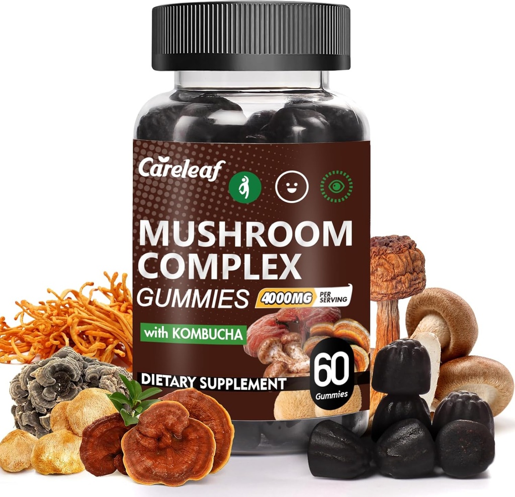 9 di 1 Mushroom Gummies dengan Mane Lion untuk Suplemen Fokus dan Suplemen Energi Untuk mendukung DLUNe System De- Stress Boost Mood & Energy 60 Count Kombucha Flavor