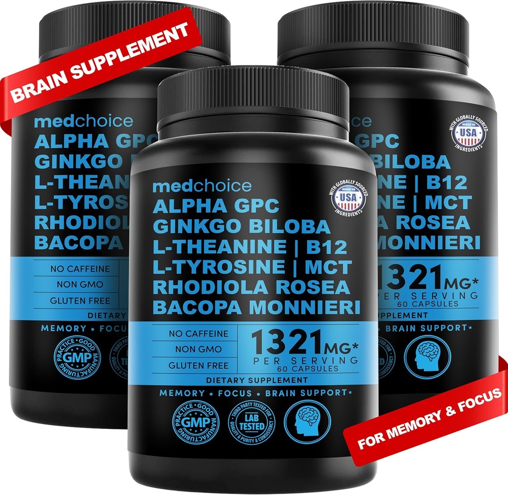 12-in-1 Nootropic Brain Supplement Anhidlous: Ginkgo Biloba for Brain Dups, Memory and Focus - B12, Alpha GPC, L Teanine dan Choline Supplemen Bioperin Non Caffeinated 1321mg (180g)