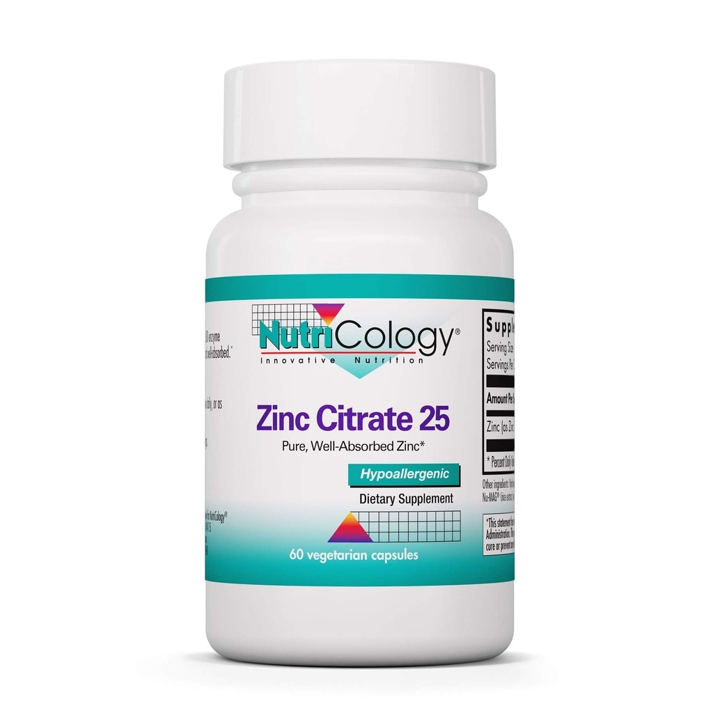 Suplemen Zinc Citrate - 25mg Zinc untuk Pria & Perempuan, Dukungan Imunitas, Murni, Well- Absorbed, Well-Tolerated, Trace Mineral, Vegetarian Capsules - 60 Count