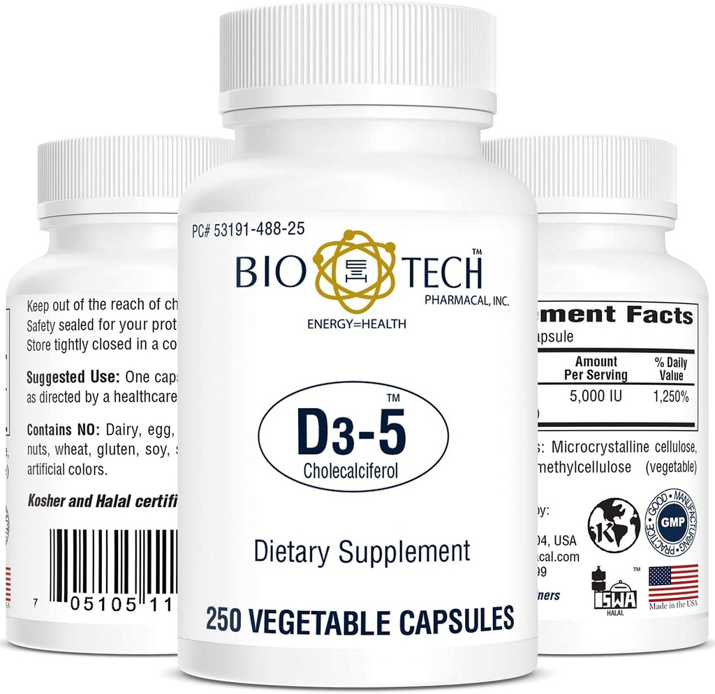 Bio- Tech Pharmacal Vitamin D3 (D3-5k IU, 250 Veg Count)