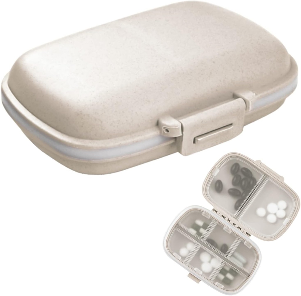 1Pack Travel Pill Organizer, 8 Kompartemen Portable Pill Case, Kotak Pil Kecil untuk Pocket Purse Portable Medicine Vitamin Container Beige
