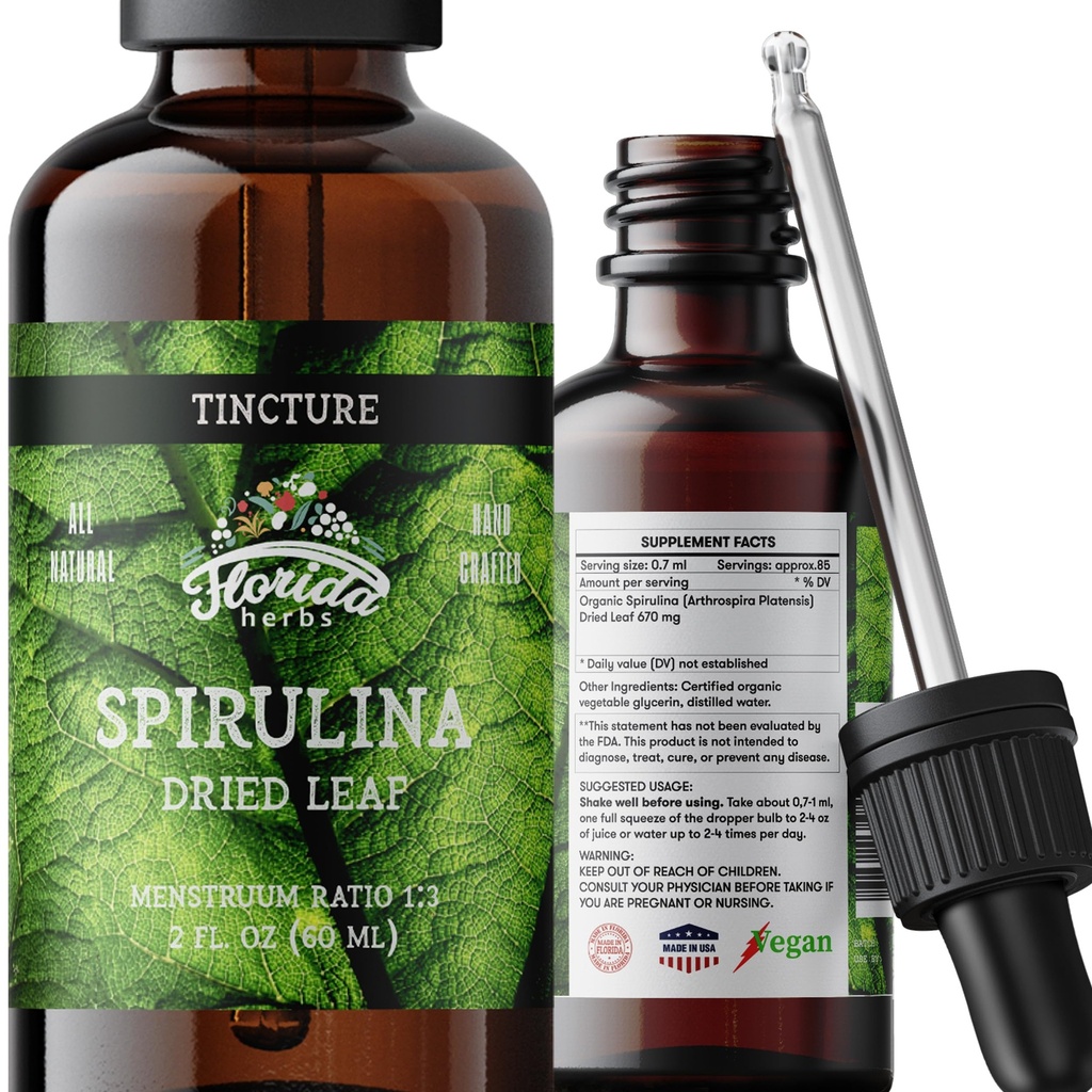 Spirulina Titture, Organik Spirulina Extract (Arthrospira Platensis) Herbal Suplemen, Non-GMO di Cold- Press Organik Glycerin, 700 mg, 2 oz (60 ml)